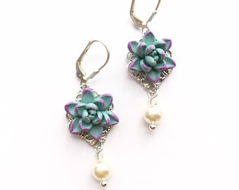 Dusty Mint With Purple Tips Succulent Earrings, Succulent Earrings. Succulent Statement Earrings.