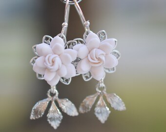 Kate Bridal Statement Earrings in White Gardenia and Brass Leaves. White Gardenia Bridal Earrings