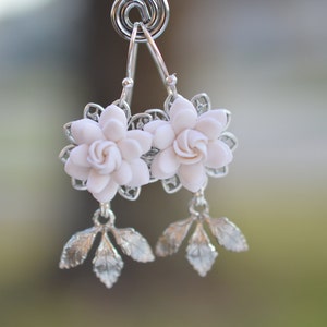 Kate Bridal Statement Earrings in White Gardenia and Brass Leaves. White Gardenia Bridal Earrings