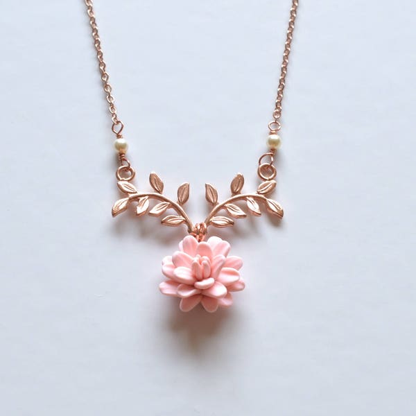 Blush Pink Dahlia and Branch Necklace. Branch Drop Necklace. Twig and Dahlia Necklace. ATHENA