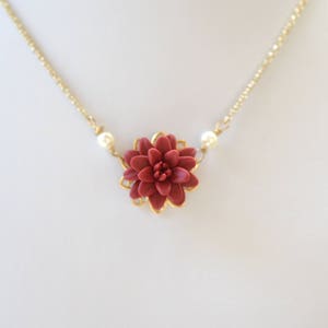 Delicate Dahlia Drop Necklace in Red Garnet. Deep Red Dahlia Necklace. Deep Red Flower Necklace