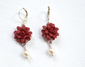 Dahlia Statement Earrings in Red Garnet. Deep Red Dahlia Earrings. Dahlia  Flower Earrings