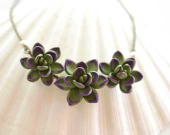 Deep Green and Purple Succulent Centered Necklace. Trio Succulent Necklace. Bip succulent Necklace.