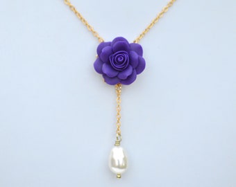 Dark Purple Rose Y Drop Necklace. Purple Rose and Pearl Y Drop Necklace. Floral Drop Necklace. 2018 Purple PantonPalette