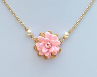 Delicate Dahlia Drop Necklace in Blush Pink. Blush Pink Flower Necklace. Pendant Necklace