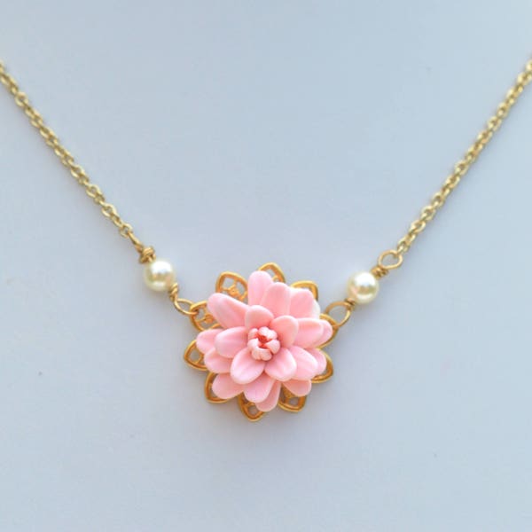 Delicate Dahlia Drop Necklace in Blush Pink. Blush Pink Flower Necklace. Pendant Necklace