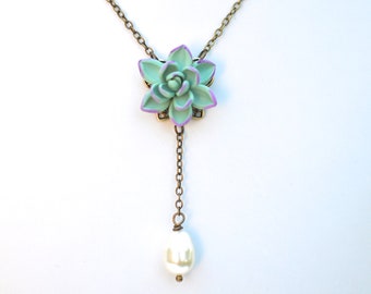 Dusty Mint Purple Tip Succulent Y Drop Necklace. Succulent and Pearls Y Drop Necklace. Succulent Jewelry.