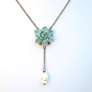 Dusty Mint Purple Tip Succulent Y Drop Necklace. Succulent and Pearls Y Drop Necklace. Succulent Jewelry.