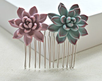 Dusty Mint And Pink Mauve Succulent Simple Hair Comb, Succulent Hair Comb, Bridesmaid Hair Comb, Succulent HeadPiece