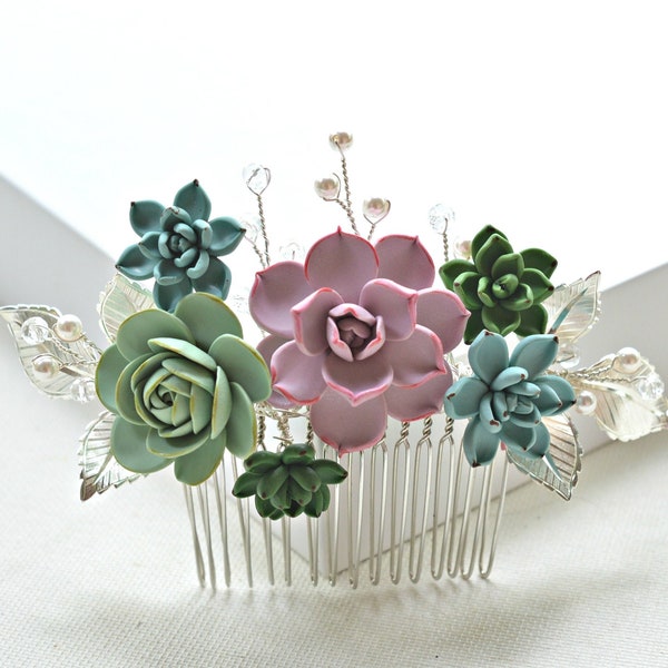 Multi Color Succulents Metal Leaves  Bridal Hair Comb, Succulent BridalHeadpiece. Succulent Hair accessories. Succulent Wedding Theme.SASSA