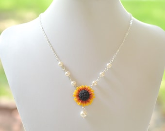 Red Yellow Sunflower Centered Necklace. Red Yellow Summer Necklace, Floral and Pearls Necklace. LEXIE