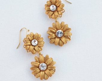 Gold SUNFLOWER and Crystals Statement Dangle Earrings . Gold Floral Statement Earrings. Gold Flower Statement Earrings. ZAHIRA Earrings.