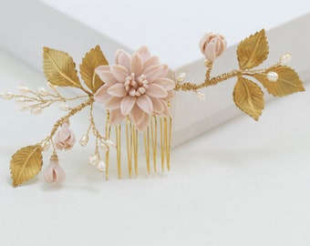 Nude/Beige DAHLIA and Metal Leaves Hair Comb. Rustic Floral Bridal Headpiece. Fall Wedding Theme . ZOE  Hair Comb