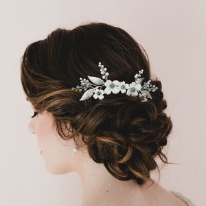 White Dogwoods and Brass Metal Leaves Bridal Hair Comb. Heather Bridal Headpieces.