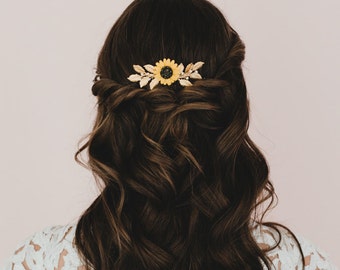 Yellow Sunflower and Gold Brass Leaf Branches Hair Comb. Sunflower and Leaves Headpieces. Kimberly Bridal Hair Comb