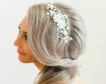 White Garden Rose with Silver Leaves Hair Comb. White Flower Bridal Headpiece. Floral and Leaves Bridal Hair Comb.  CASSIDY  Hair Comb