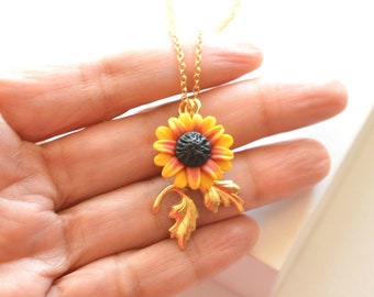 Leaf and Red Yellow Sunflower Pendant Necklace. Sunflower Simple Drop Necklace. Sunflower Necklace Jewelry.