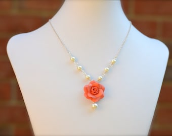 Coral Rose necklace, coral flower necklace, coral bridesmaid Necklace, Coral wedding theme Jewelry, Coral spring summer Jewelry
