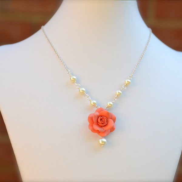 Coral Rose necklace, coral flower necklace, coral bridesmaid Necklace, Coral wedding theme Jewelry, Coral spring summer Jewelry