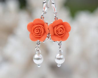 Orange Rose and Pearls Earrings, Orange Rose Flower Earrings, Fall Rose Earrings, Orange Bridesmaid Earrings