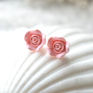 Pastel Blush Pink Rose Stud Earrings. Pink Rose Post Earrings. Flower Rose Stud Earrings. image 2