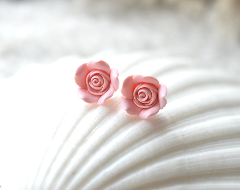 Pastel Blush Pink Rose Stud Earrings. Pink Rose Post Earrings. Flower Rose Stud Earrings. image 2