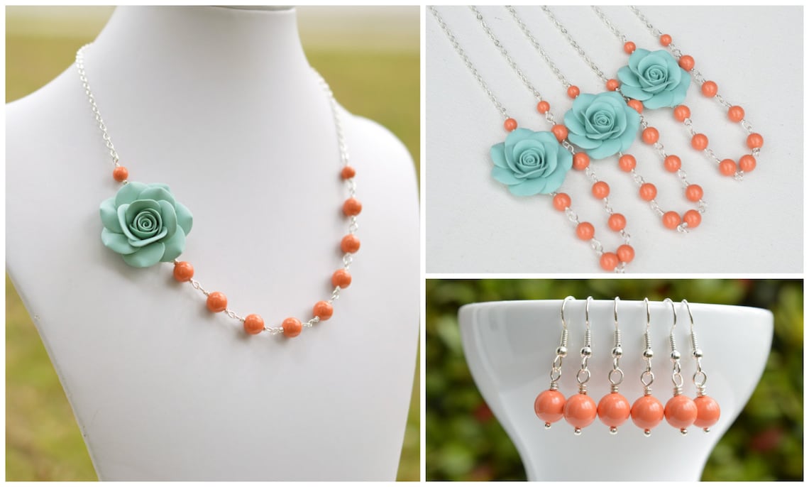 FREE EARRINGS Dusty Mint Rose and Coral Swarovski Pearls Etsy