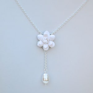White Gardenia and Pearl Y Drop Necklace, White Flower necklace, Gardenia Necklace, White Bridal Necklace