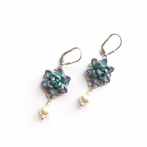 Dusty Mint With Purple Tips Succulent Earrings, Succulent Earrings. Succulent Statement Earrings. image 2