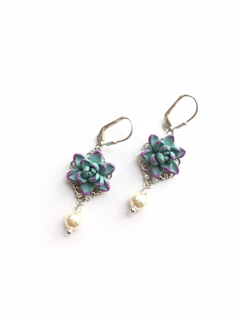 Dusty Mint With Purple Tips Succulent Earrings, Succulent Earrings. Succulent Statement Earrings. image 2