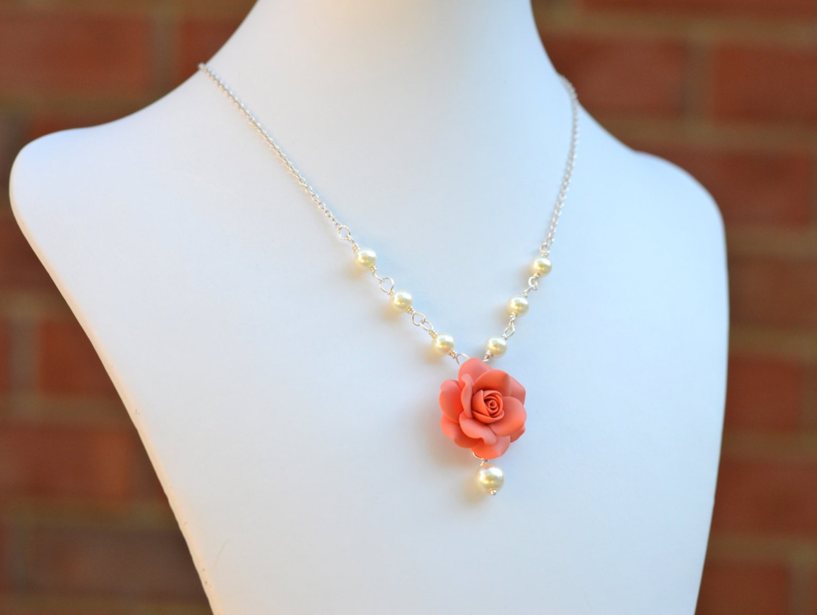 Coral Rose Necklace Coral Flower Necklace Coral Bridesmaid Etsy