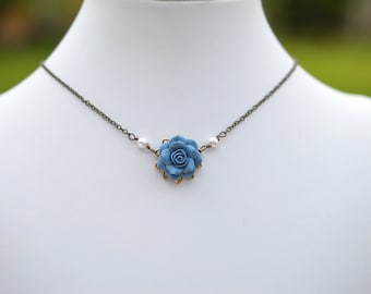 Dainty Dusty Blue Rose. Blue Rose Necklace. Bradley Dusty Blue Necklace.