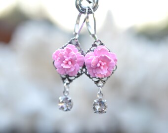 Pink Cherry Blossom and Swarovski Crystals Earrings. Sakura Blosssom Earrings. Pink Flower Earrings