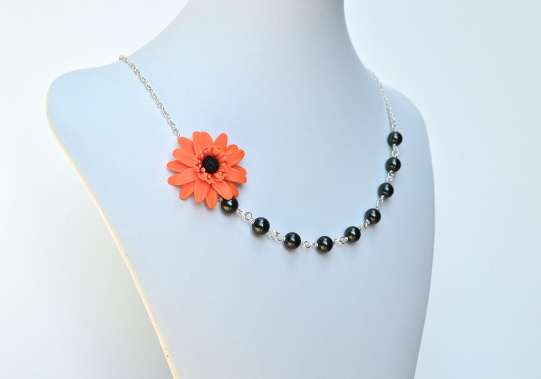 Orange Gerbera Daisy Flower and Black Pearls Necklace, Orange Flower
