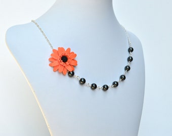 Orange Gerbera Daisy Flower and Black Pearls  Necklace, Orange Flower Necklace, Gerbera Daisy Necklace, fall Wedding Necklace