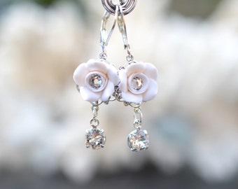 Annamarie White Rose Bridal Earrings, White Rose and Swarovski crystals Earrings, White Flower earrings.