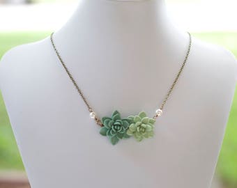 Double Succulent Centered Necklace in Dusty Mint Green and Light Pale Green