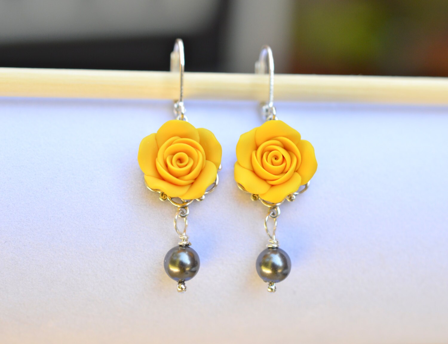 Golden Yellow Rose Earrings, Yellow Flower Earrings, Spring Earrings ...