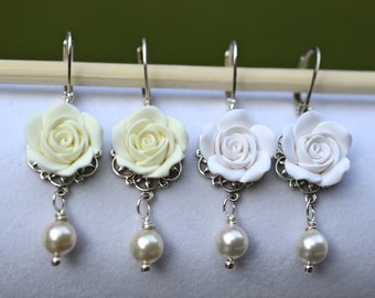 White Rose and Swarovski pearls Earrings, Ivory Rose Flower Earrings, White Flower Earrings, Bridal Rose Earrings, Ivory Wedding Jewelry