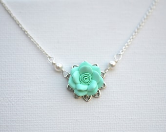 Delicate Mint Green Rose Drop Necklace. Bradley Delicate Mint Rose Necklace.