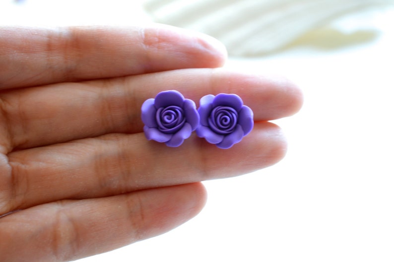 Amethyst Rose Post Earrings. Purple Rose Stud Earrings. Purple Rose Jewelry. image 4