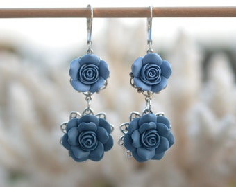 Mardy Double Roses Earrings in Dusty Blue and Claudy Blue