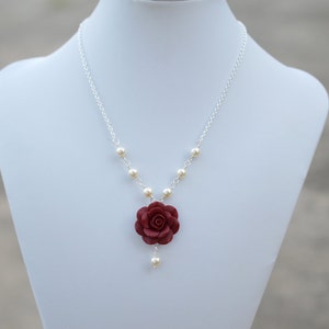 Deep Red Rose and Pearls Centered Necklace, Red Garnet Rose Necklace, Deep Red Flower necklace, Red Rose Jewelry , Red Wedding Necklace