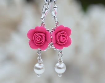 Hot Pink Rose Statement Earrings. Rose Earrings. TAMARA