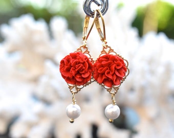 Succulent Red Carnation and Pearls Earrings. Statement Red Carnation Earrings.