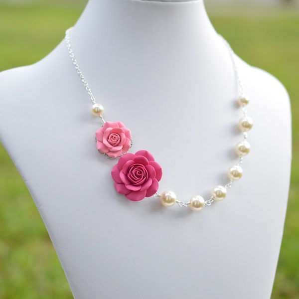 FREE EARRINGS, Double Pink Rose Necklace, Pink asymmetrical necklace, Pink Bridesmaid Necklace, Pink Wedding Theme Jewelry