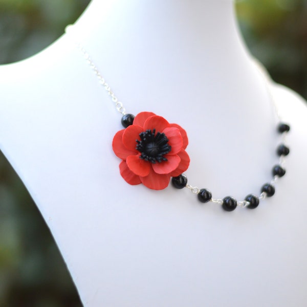 FREE EARRINGS, Red Poppy Flower Necklace, Red Flower Necklace, Bridesmaid Necklace, Statement Necklace