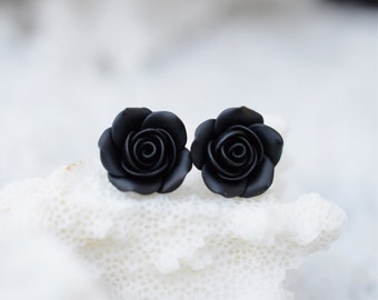 Black Rose Post Earring, Black Rose Stud Earrings, Black Flower Earrings, Floral Earrings