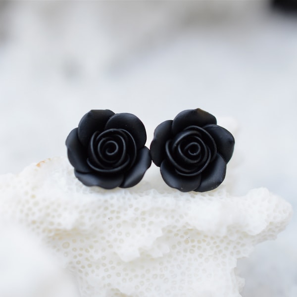 Black Rose Post Earring, Black Rose Stud Earrings, Black Flower Earrings, Floral Earrings