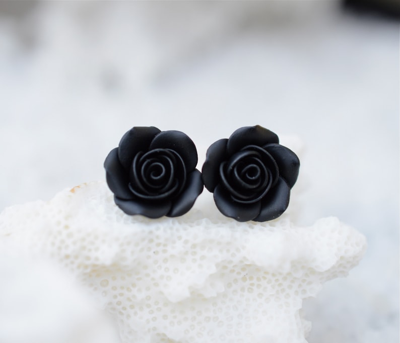 Black Rose Post Earring, Black Rose Stud Earrings, Black Flower Earrings, Floral Earrings image 1